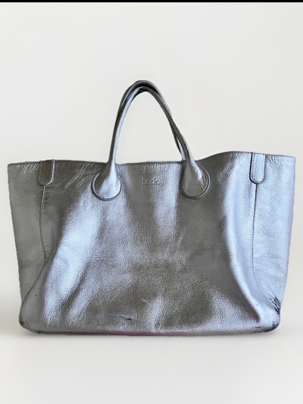 Beck Bags Metallic Silver Leather Large Tote Bag Flawed Heavily Scuffed